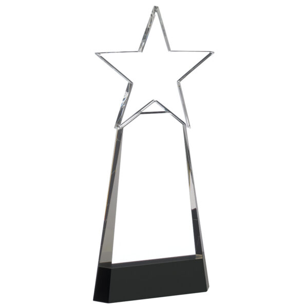 Crystal star award trophy made from clear optical glass featuring a five-pointed star design mounted on a black rectangular base, photographed against white background