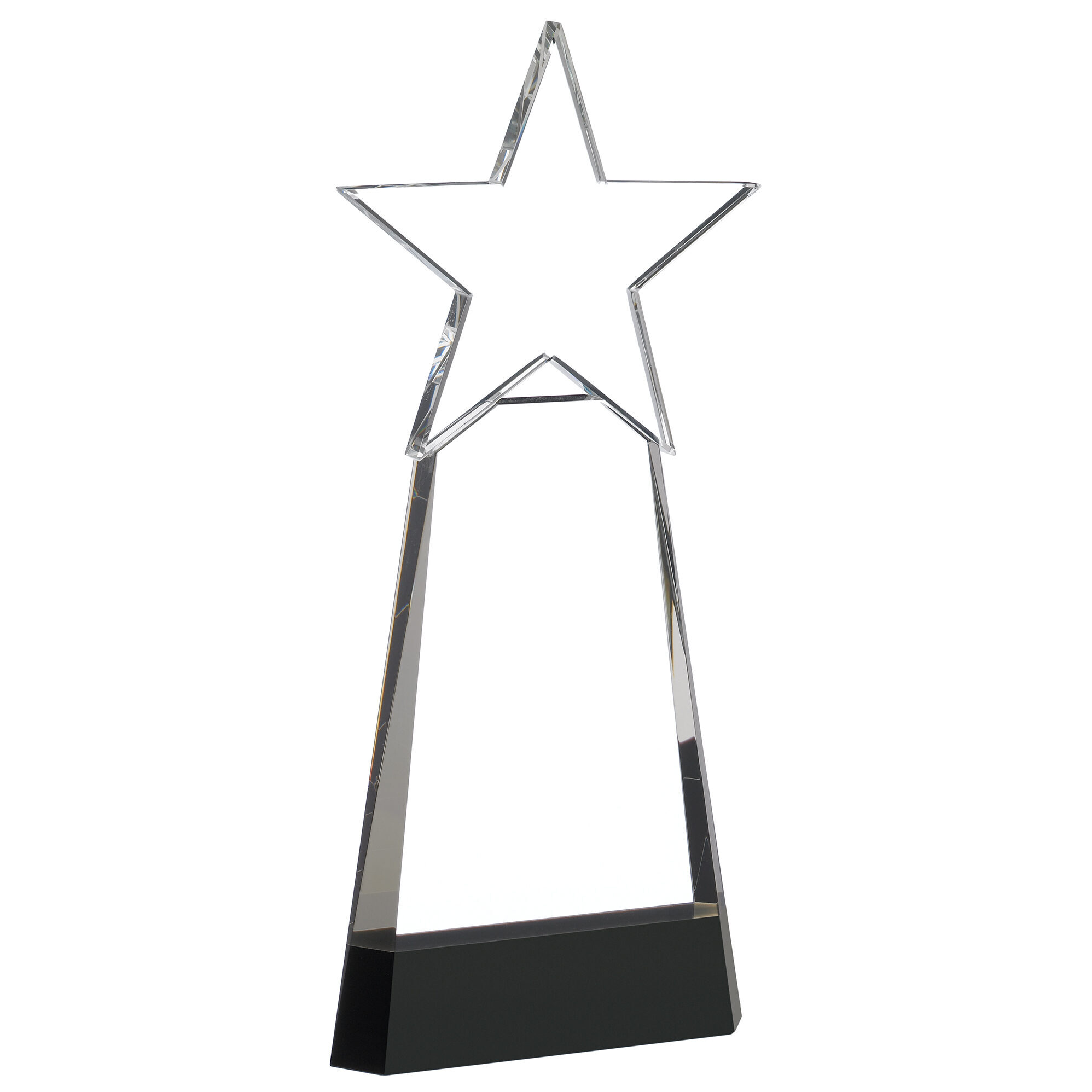 Crystal star award trophy made from clear optical glass featuring a five-pointed star design mounted on a black rectangular base, photographed against white background