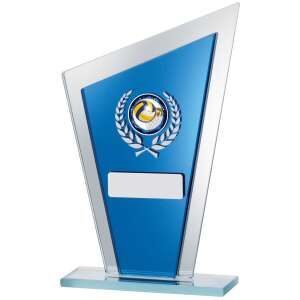 Blue mirror glass award trophy with geometric design featuring a blue mirror panel, laurel wreath emblem, white personalisation area, and clear glass base