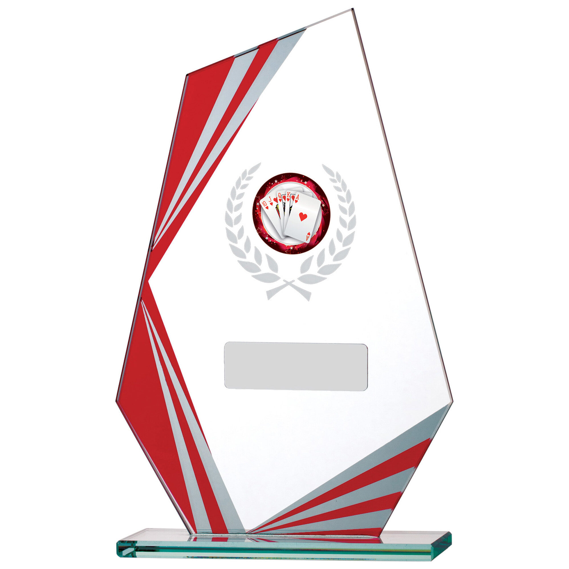 Diamond-shaped clear glass trophy with red accent stripes, gaming-themed emblem with laurel wreath, personalisation area and clear glass base
