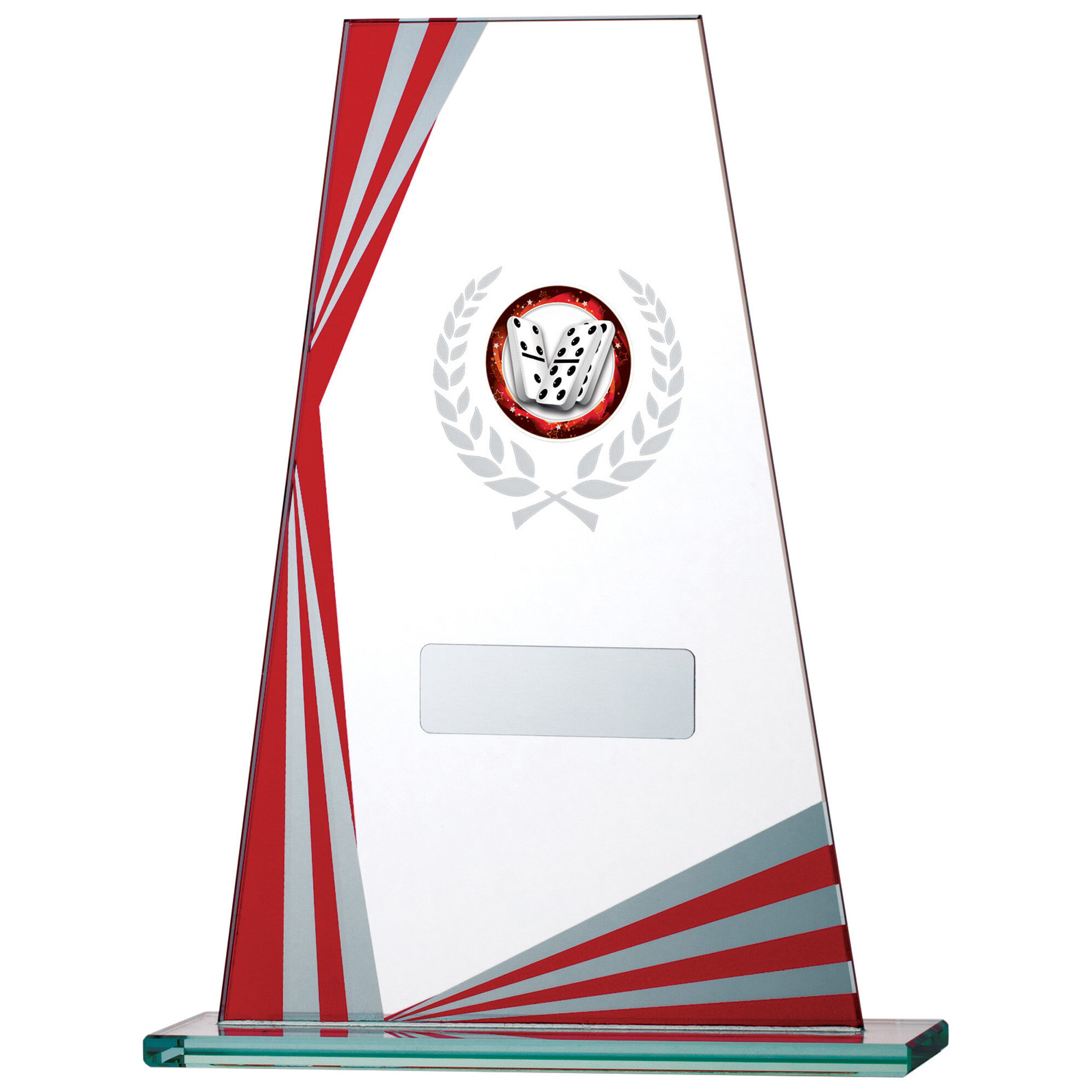 Large flame-shaped clear glass trophy with flowing red accent lines, gaming dice emblem with laurel wreath, extensive personalisation area and stable glass base