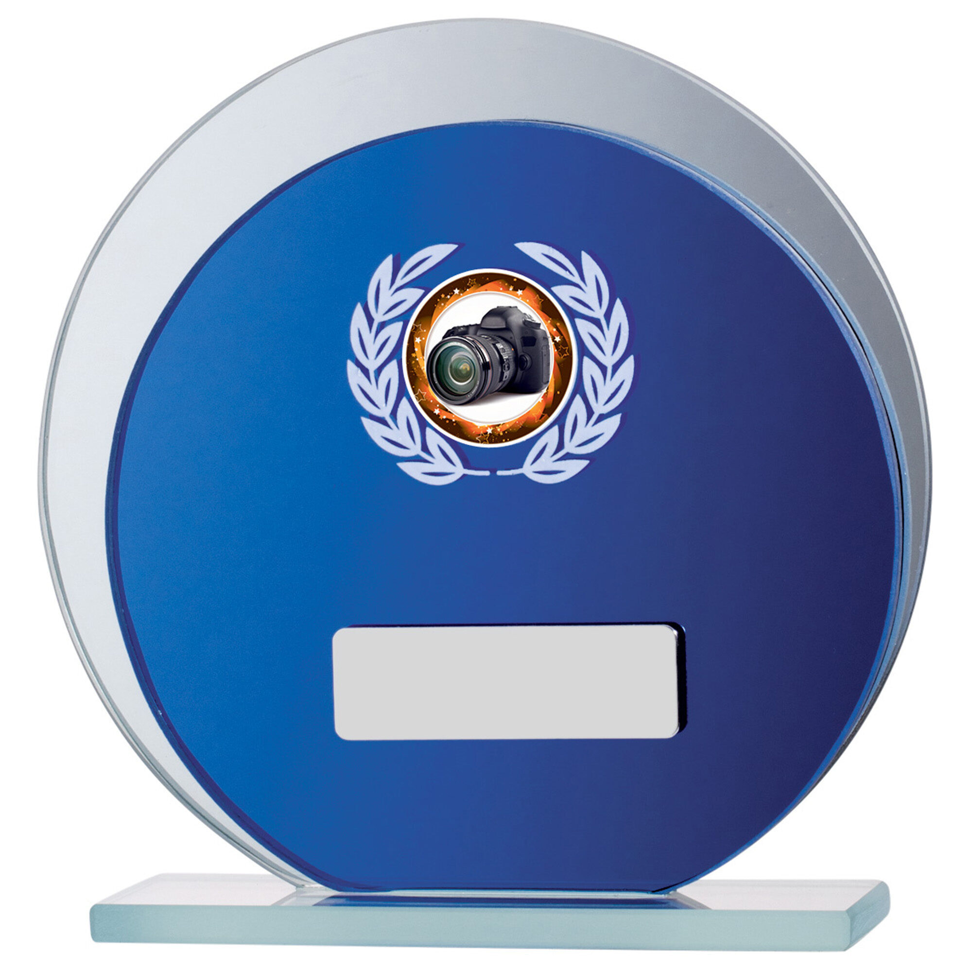 Circular blue mirror glass award trophy with white laurel wreath design, central insert space showing camera image, silver nameplate area, mounted on clear glass base