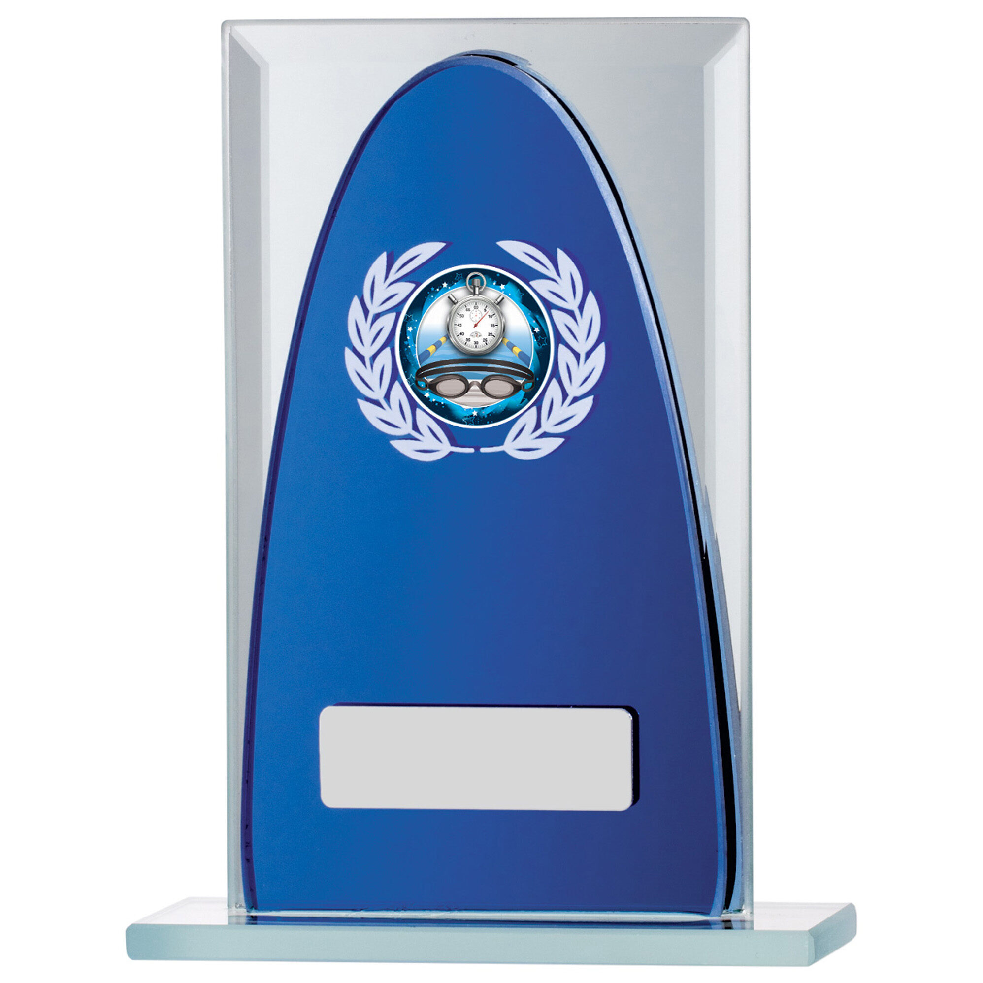 Arch-shaped blue mirror glass award trophy with white laurel wreath design, central insert space showing stopwatch/timer image, silver nameplate area, clear glass base