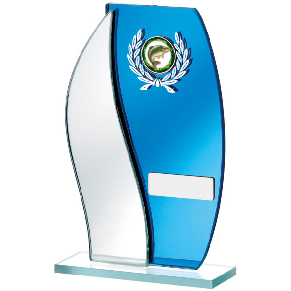 Curved blue mirror glass award trophy with white laurel wreath design, central insert space showing fish/angling image, silver nameplate area, mounted on clear glass base