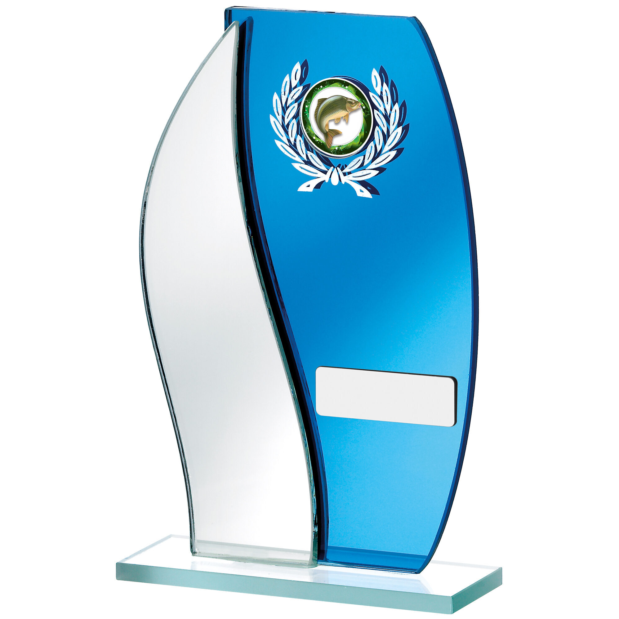 Curved blue mirror glass award trophy with white laurel wreath design, central insert space showing fish/angling image, silver nameplate area, mounted on clear glass base