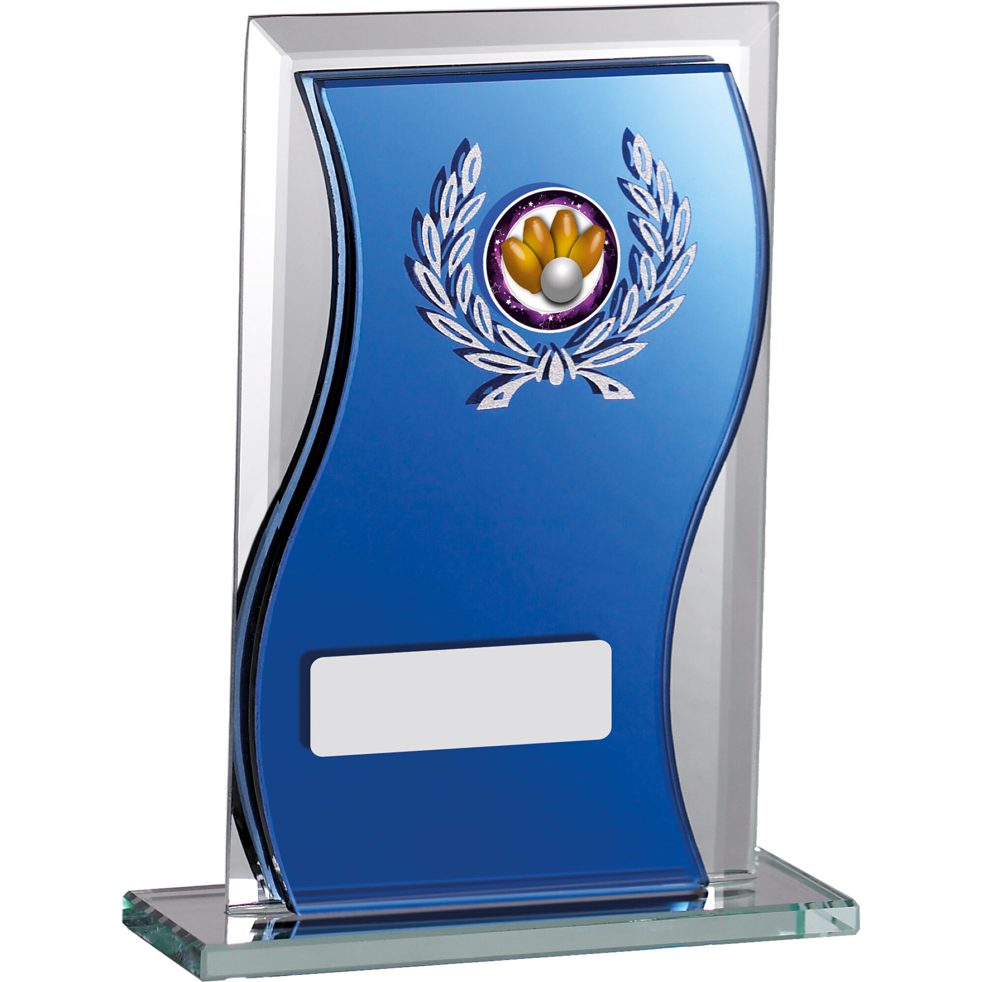 Wave-shaped blue mirror glass award trophy with white laurel wreath design, central insert space showing bowling/skittles image, silver nameplate area, clear glass base
