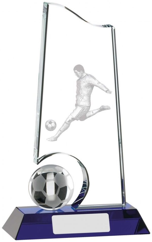 Tall clear crystal tower award featuring laser engraved football player with ball, decorative crystal football sphere accent, and deep blue crystal base with silver engraving plate