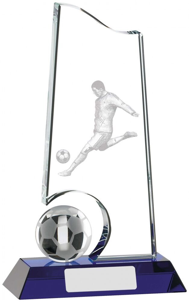Tall clear crystal tower award featuring laser engraved football player with ball, decorative crystal football sphere accent, and deep blue crystal base with silver engraving plate
