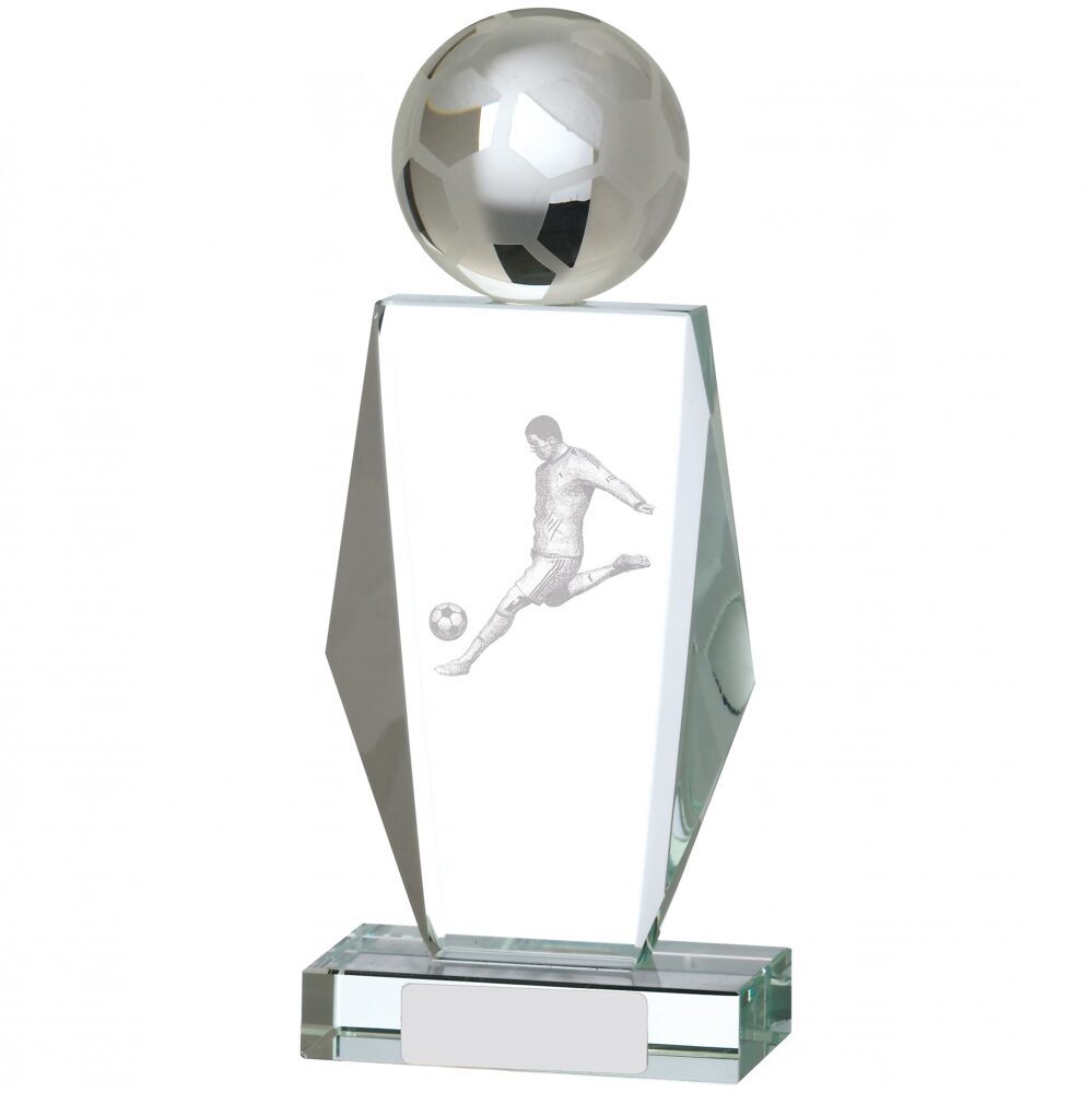 Angular shield-shaped clear crystal award with laser engraved football player, topped with crystal football sphere and mounted on clear crystal base with engraving area