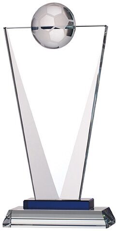 Contemporary V-shaped crystal glass football award with prominent 3D football sphere at top and blue accent base on transparent crystal platform