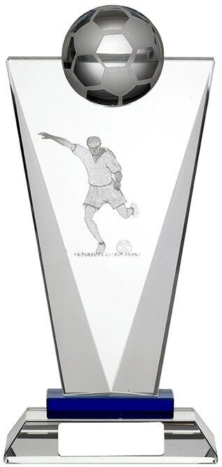 V-shaped crystal glass football award featuring laser-engraved football player in action pose, topped with 3D football sphere and blue accent base