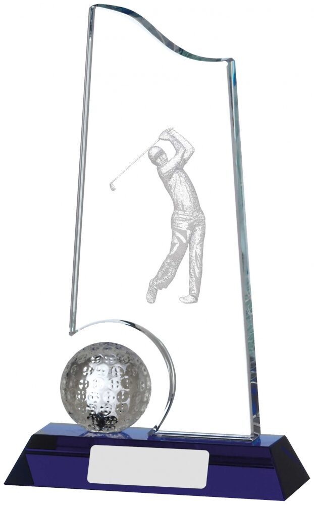 Elegant curved glass golf trophy featuring an etched golfer in mid-swing position, with a crystal golf ball mounted on a blue crystal base with white engraving plate