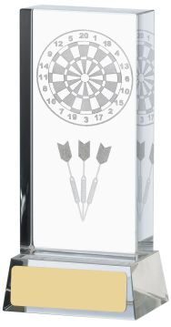 Crystal clear rectangular glass block award with laser-engraved dartboard design and three dart motifs, showing professional finish and clarity