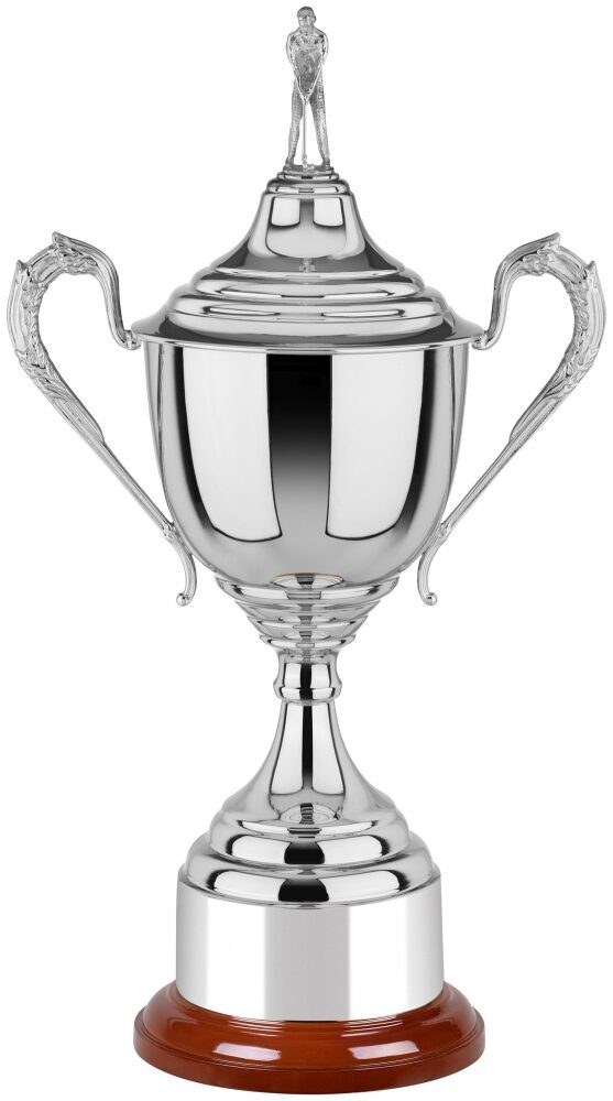 Silver-plated golf presentation cup trophy with ornate handles, golfer figurine on lid, and wooden base on white background