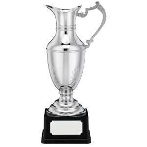 Silver-plated claret jug trophy with curved handle, elegant spout, and black presentation base with engraving plate on white background