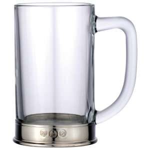 Traditional clear glass tankard with handle and polished pewter base showing British quality hallmarks on white background