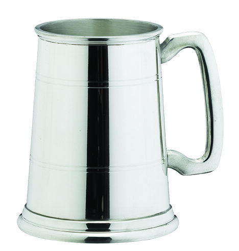 Classic 1 pint pewter tankard with polished mirror finish, featuring traditional curved handle and substantial base, displayed against white background