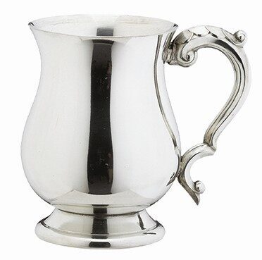 Georgian-style pewter tankard with elegant baluster shape, ornate scrollwork handle, and polished mirror finish on pedestal base