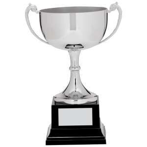 Large nickel plated cast cup trophy with twin ornate handles, mirror-bright finish, and black presentation base, perfect for championship awards