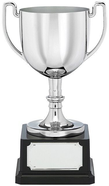 Classic nickel plated trophy cup with twin handles, black marble base and silver engraving plaque, shown against white background