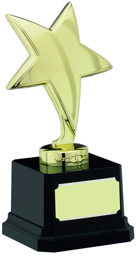 Gold cast metal star shaped trophy award mounted on black piano finish base with silver engraving plate
