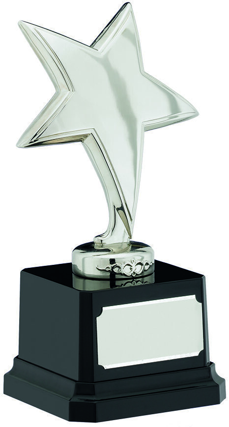 Silver cast metal star shaped trophy award with polished finish mounted on black piano finish base with silver engraving plate