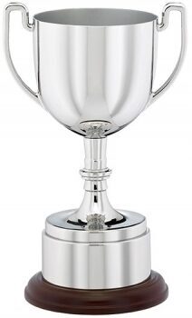 Premium nickel plated trophy cup with twin handles, ornate stem and wooden base, displaying classic traditional trophy design