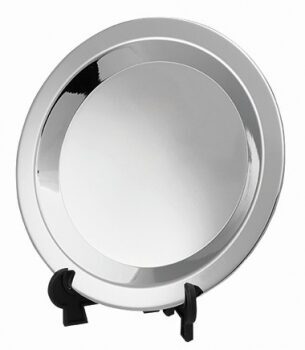 Round nickel plated presentation salver with smooth polished rim, mirror finish, and large central engraving area displayed on stand