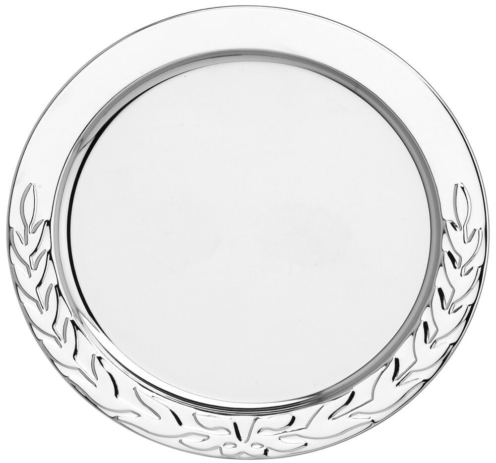 Decorative nickel plated presentation salver with ornate laurel wreath border design, polished finish, and central engraving area