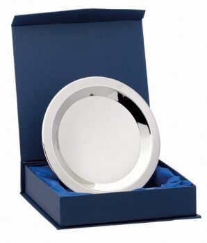 Nickel plated presentation salver featuring decorative laurel leaf border design, displayed in navy blue presentation box with blue satin interior lining