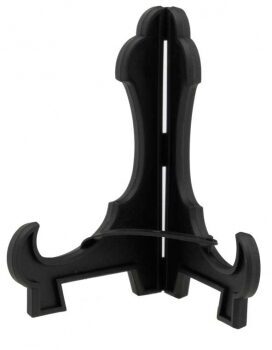 Black plastic salver stand with curved vertical supports and decorative hooks, specifically designed to hold 10-inch diameter plates or salvers upright for professional display