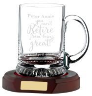 Traditional clear glass tankard with comfortable curved handle and heavy base, featuring smooth surfaces perfect for engraving, displayed against a white background