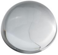 Crystal clear round glass paperweight with smooth polished surface and transparent finish, shown against neutral background