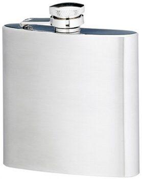 Classic stainless steel hip flask with mirror polished finish and screw-top cap, showing sleek curved design and generous engraving surface