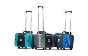 Four Horizon wheeled bowls bags in different colour combinations including teal, grey, and blue with telescopic handles and compact wheeled design