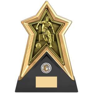 Gold Star Force football trophy featuring a footballer figure within a multi-layered star design on a black base with gold accents and engraving plaque