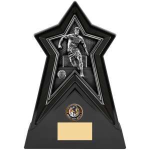 Black and silver Star Force football trophy featuring a detailed footballer figure within a geometric star design on a black base with silver trim and engraving area