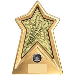 Gold triangular Darts Star Force trophy with embossed dartboard and darts design within star-shaped frame, featuring centre medallion and personalisation plaque