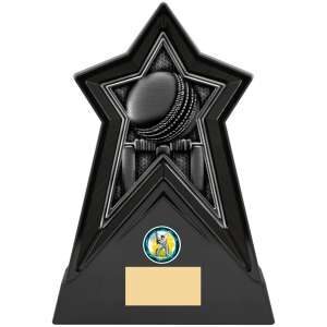 Black triangular Starforce cricket trophy with silver embossed cricket bat and ball design, featuring star-shaped cutout frame and gold engraving plaque at base