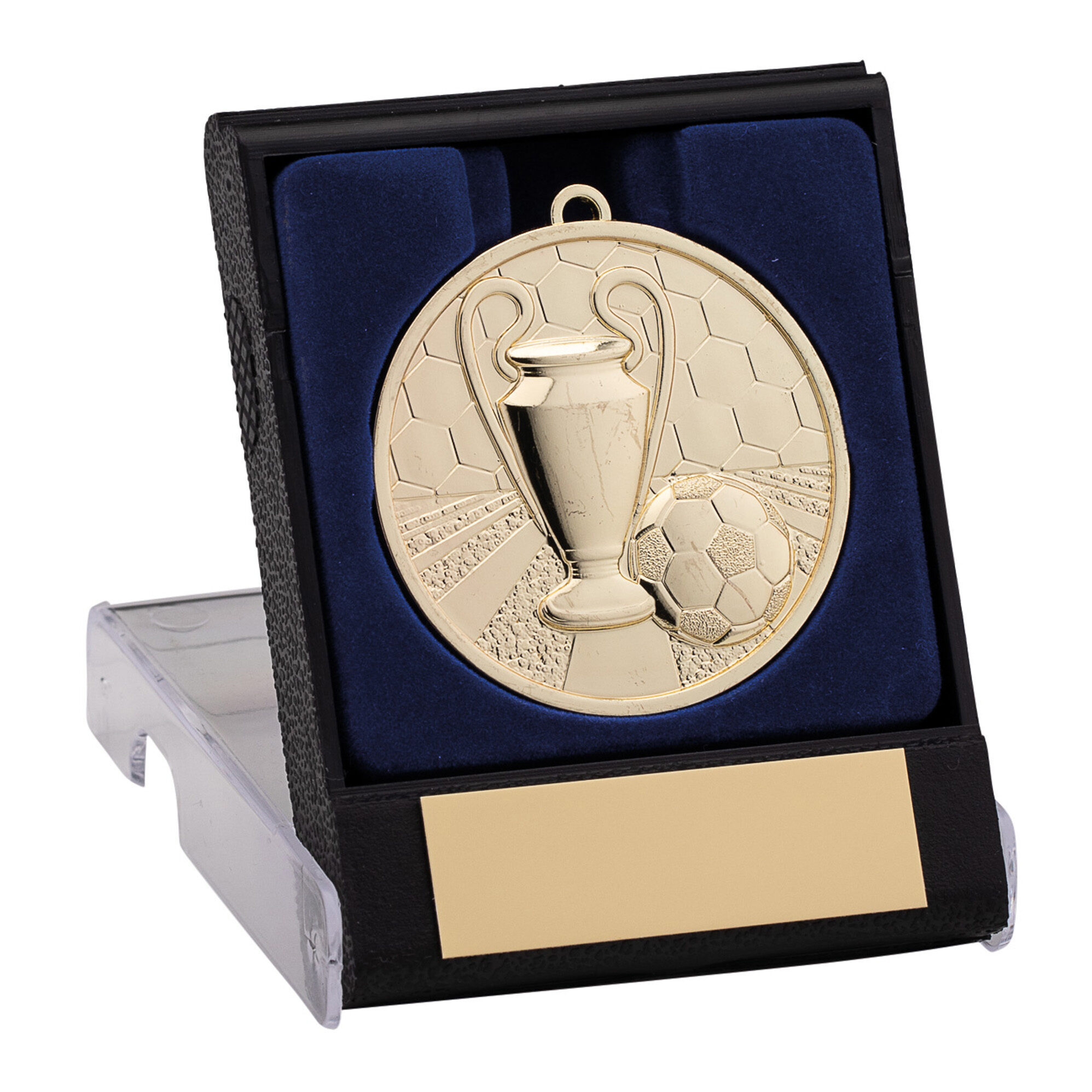 Gold football medal with embossed trophy and ball design displayed in luxury black presentation box with navy blue velvet lining and gold personalisation plaque
