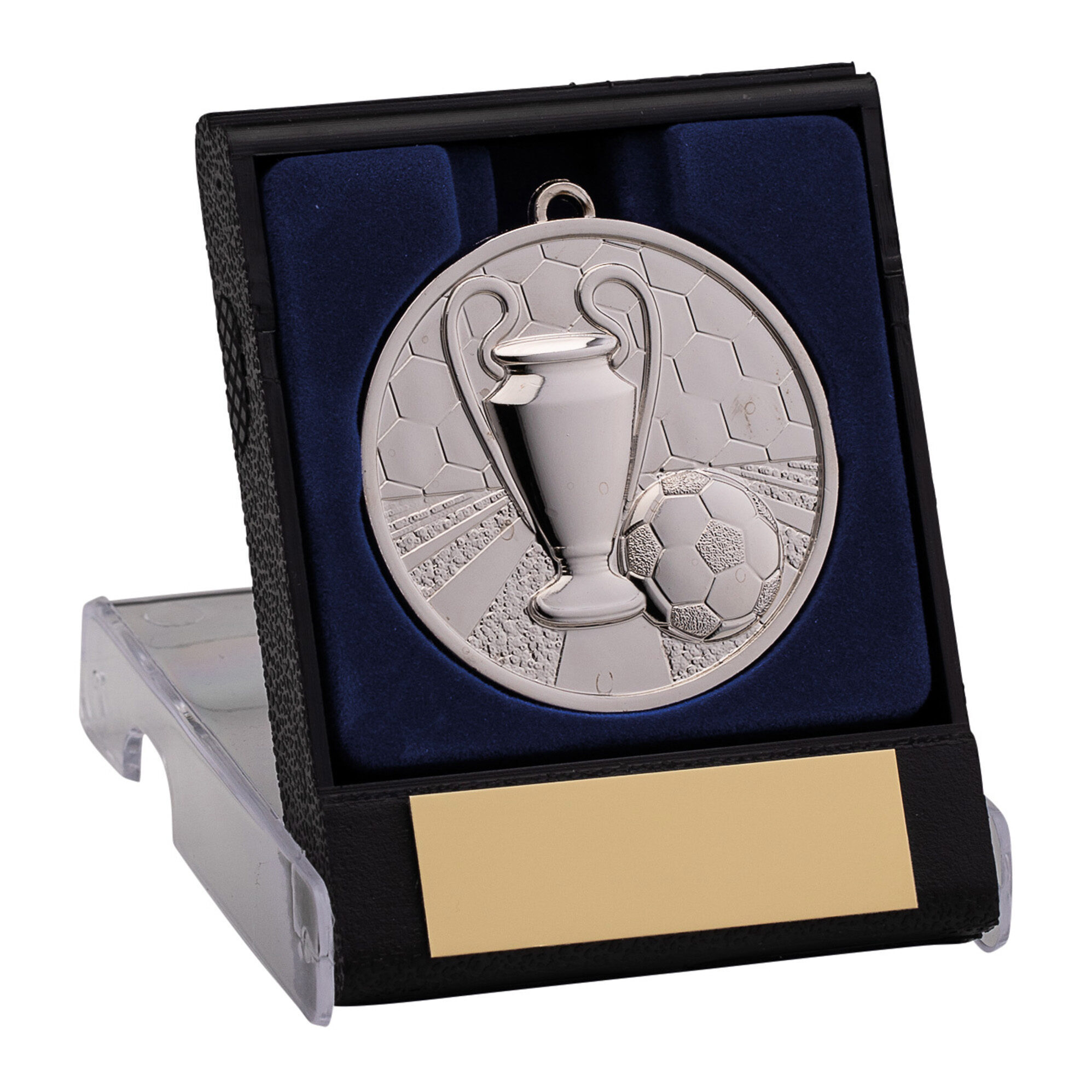 Silver football medal with embossed trophy and ball design displayed in luxury black presentation box with navy blue velvet lining and gold personalisation plaque