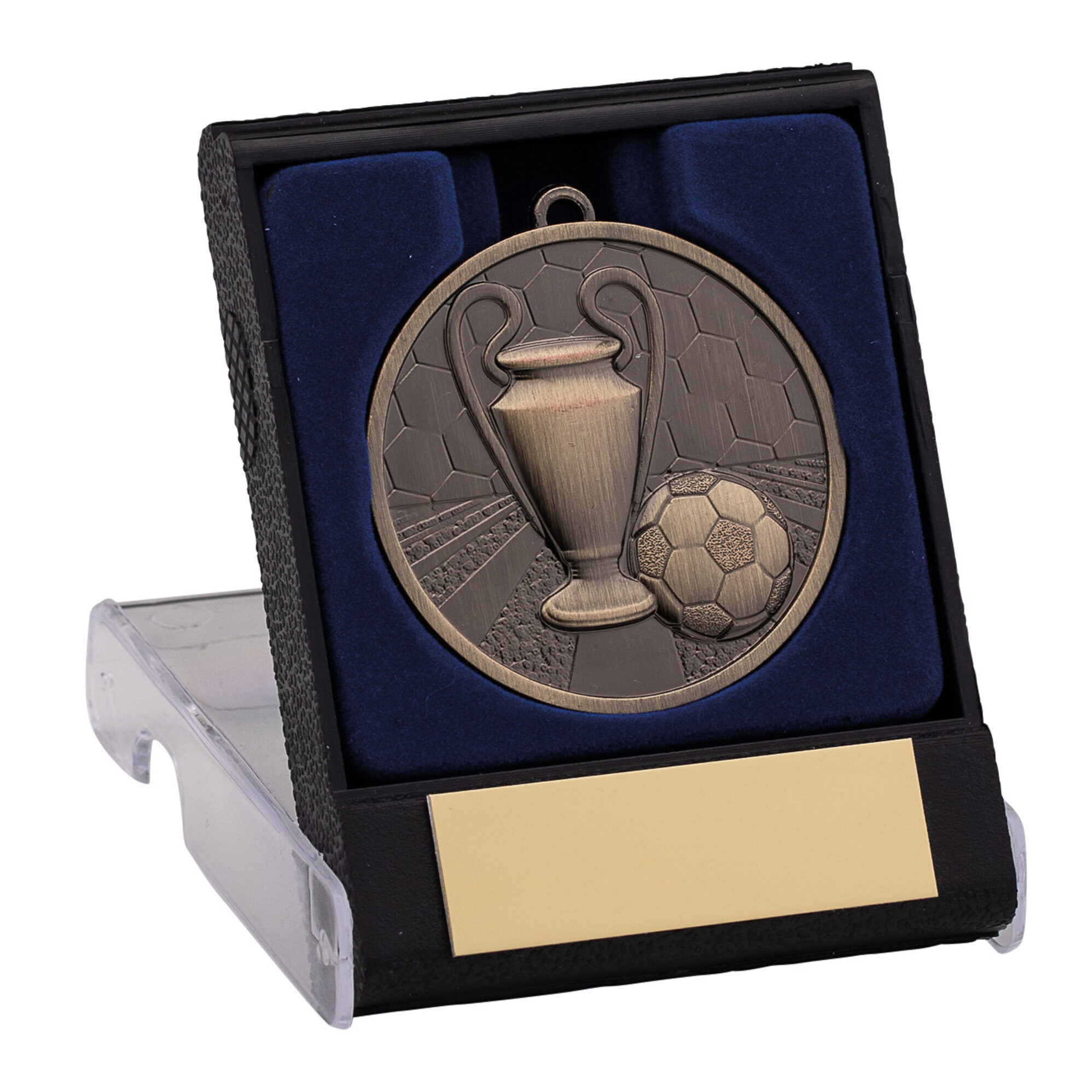 Antique bronze football medal with embossed trophy and football design, presented in black box with blue velvet lining, gold engraving plate and clear display stand