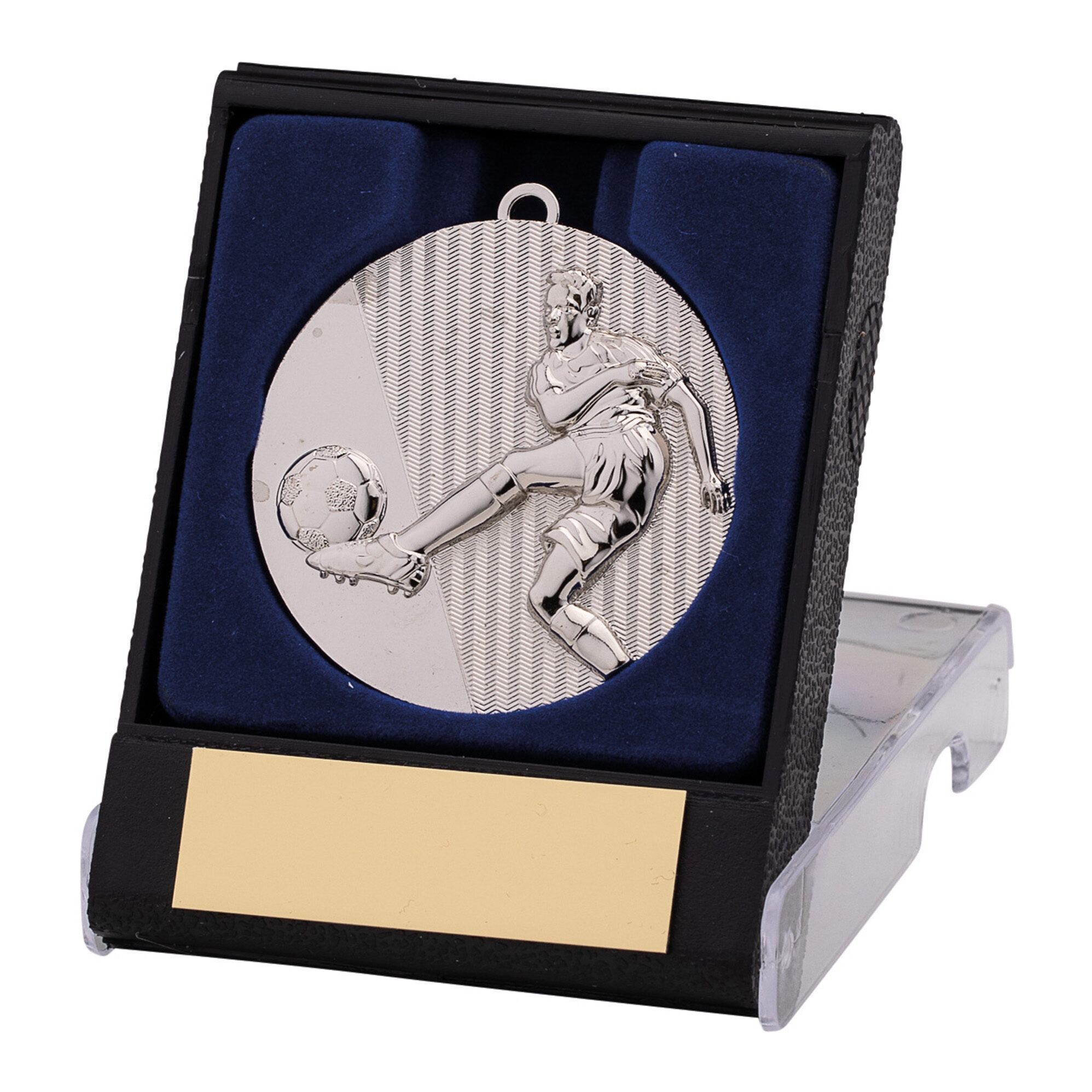 Silver football medal featuring embossed footballer in action pose with textured chevron background, presented in black box with navy blue velvet interior and silver engraving plate