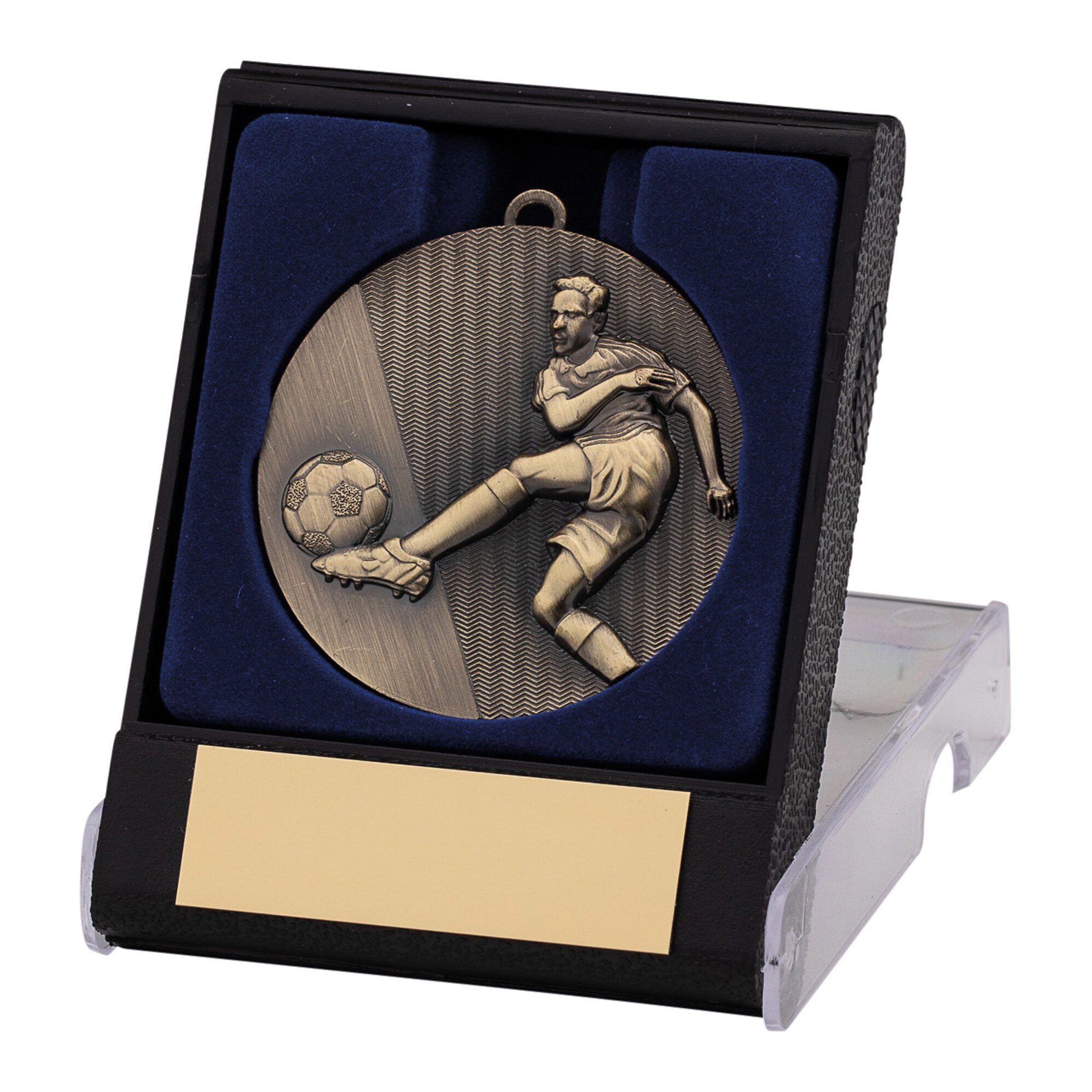 Antique bronze football medal with detailed embossed footballer in action and chevron textured background, displayed in black presentation box with navy velvet lining and bronze engraving plate