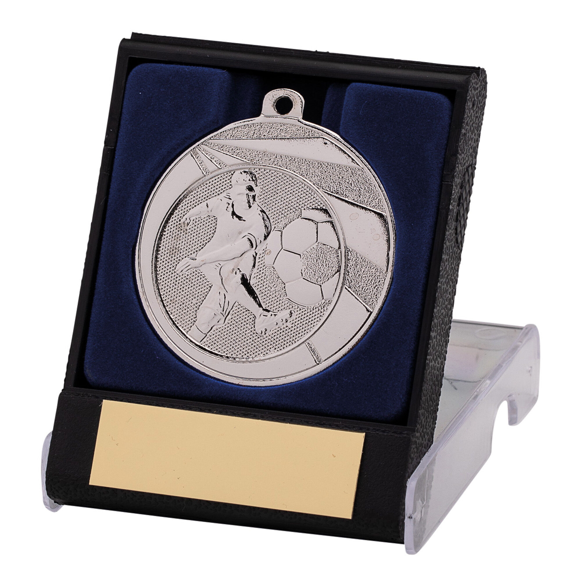 Silver football medal in blue velvet-lined black presentation box showing detailed embossed football player scene with blank personalisation plate on clear display stand