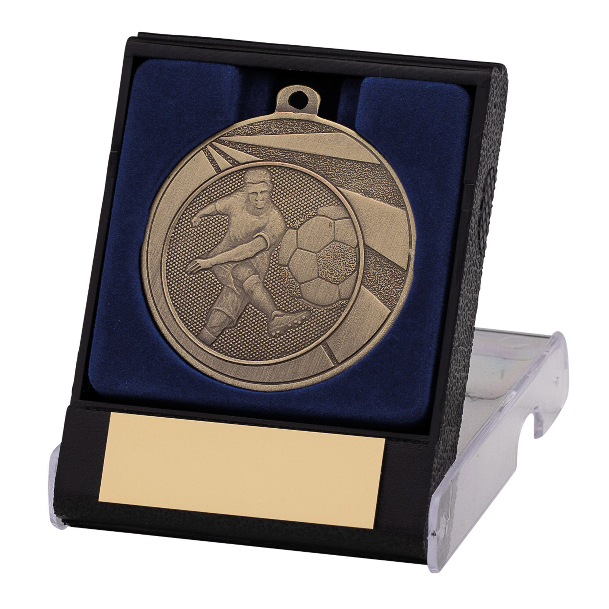 Bronze football medal displayed in blue velvet-lined black presentation box featuring embossed football player with ball design and blank engraving plate on acrylic stand