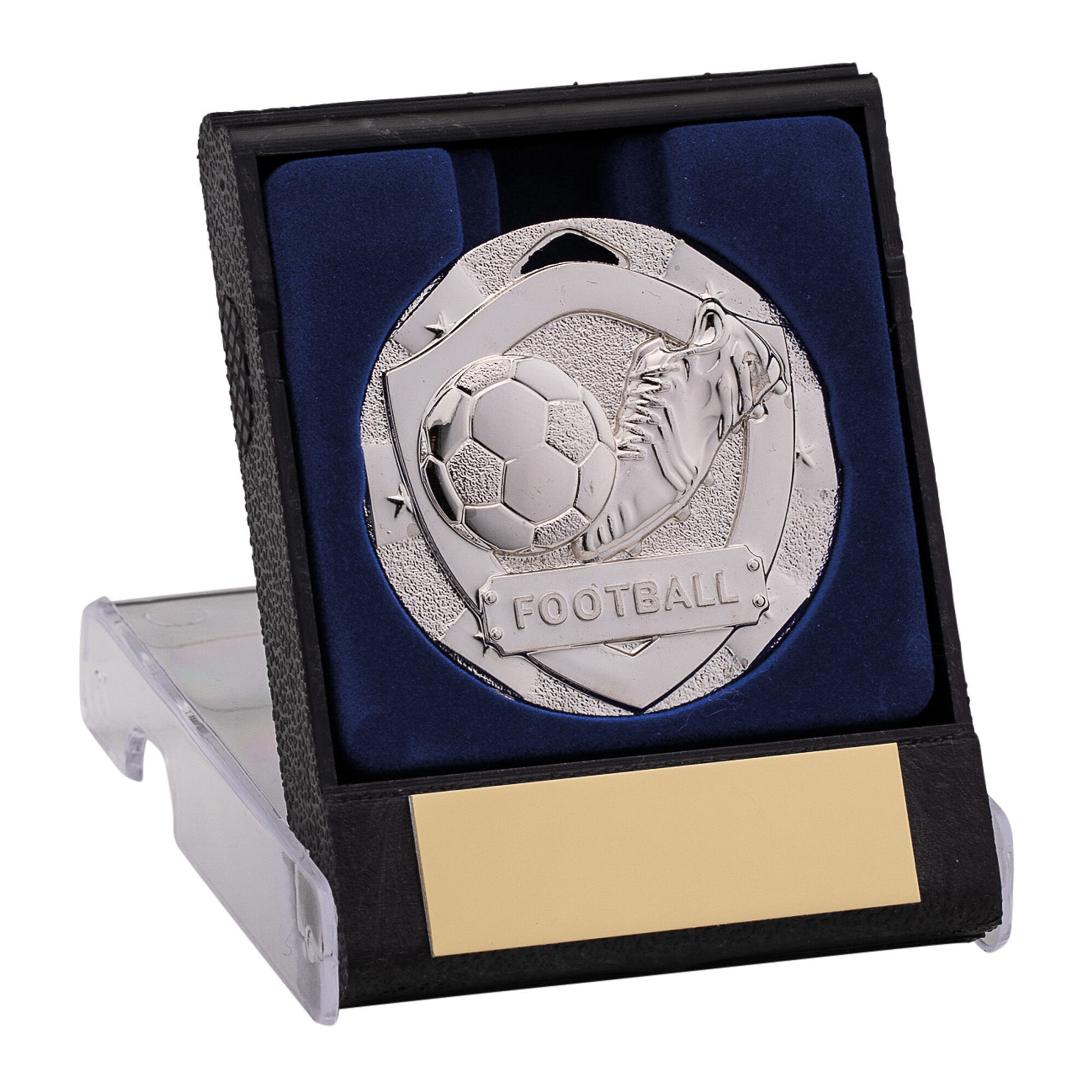 Silver football medal with boot and ball design in black presentation box with navy blue velvet lining and gold engraving plate on clear plastic stand