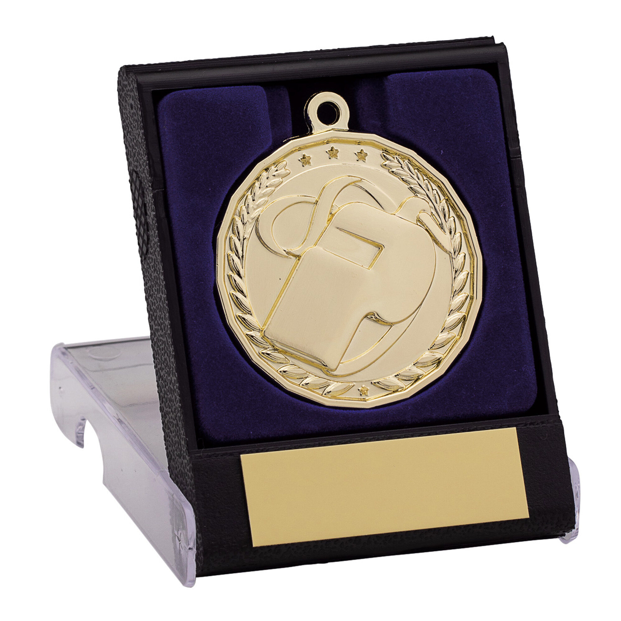 Gold referee medal with whistle design and laurel wreath border displayed in black presentation box with navy blue velvet interior and gold engraving plate