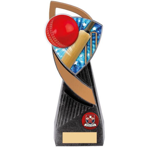 Cricket trophy with 3D red cricket ball and wooden bats against blue star background with bronze curved accent on black textured base with gold engraving plate
