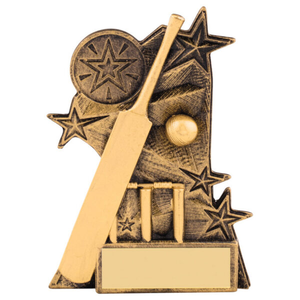 Bronze and gold cricket trophy featuring a detailed cricket bat, ball, decorative star elements and circular medallion on a marble-effect base with engraving plaque